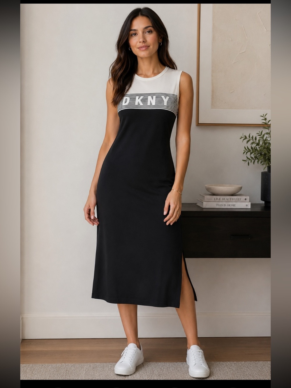 DKNY Sportswear Navy Colorblock Logo Sleeveless Maxi Dress Medium